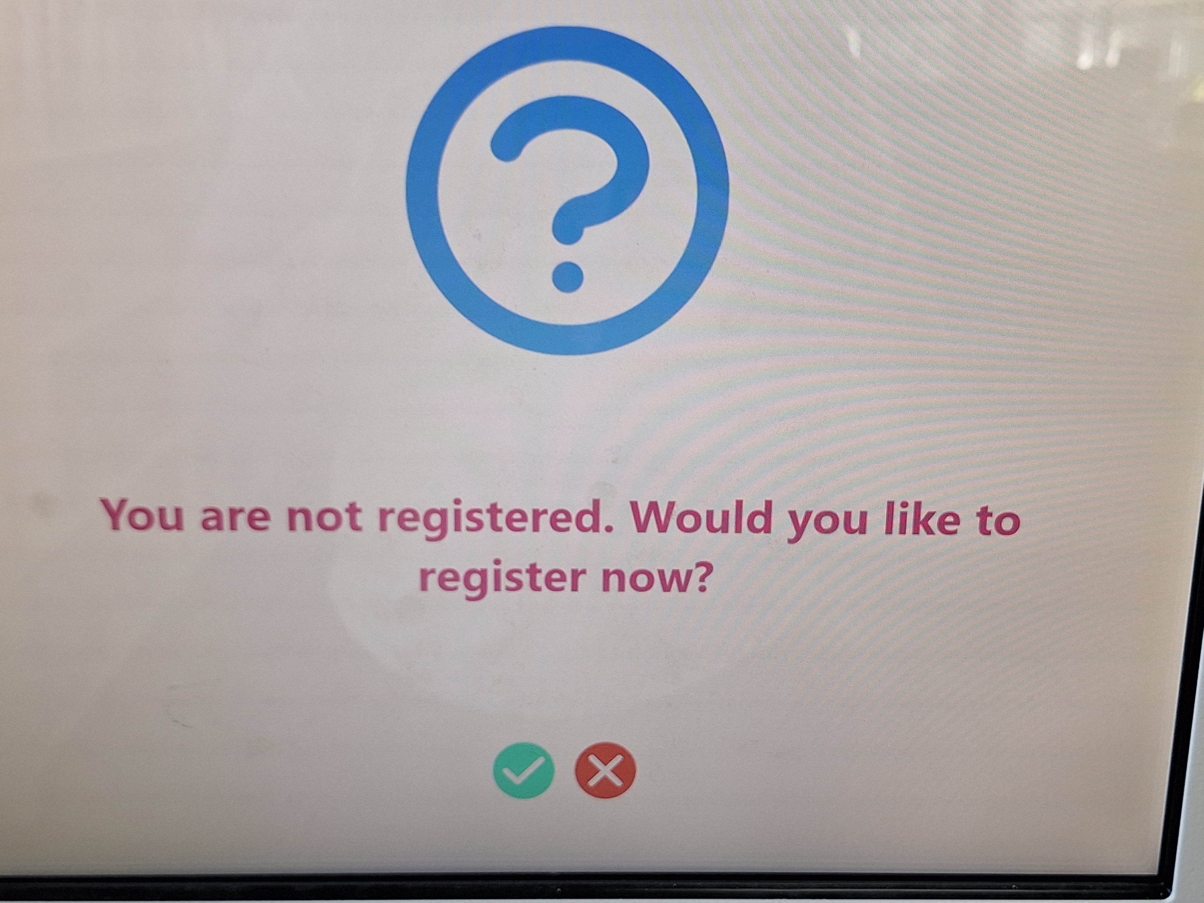Image showing the touchscreen notifying the user that they are not registered for the lapsafe and to register