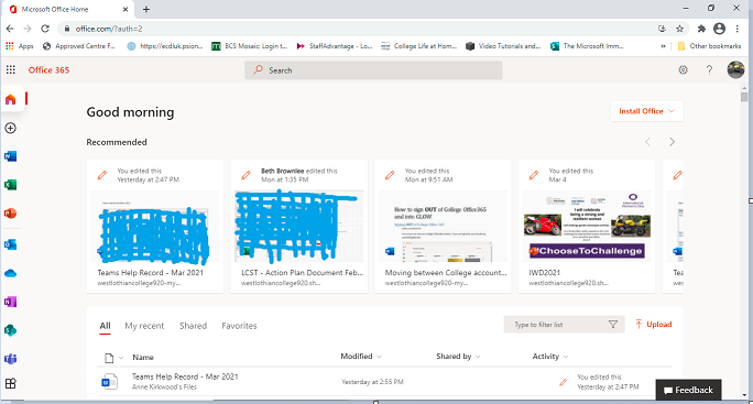 The Office 365 home page - this is just an example, yours will be customised to you.